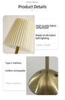 Beige Elegant Pleated Fabric Table Lamp - 3-Color LED, USB Rechargeable, Touch Dimming-5