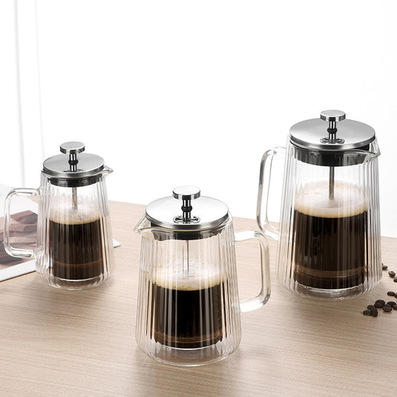 Transparent Elegant Ribbed Double Wall Glass French Press - 1000ml Heat Resistant Coffee and Tea Maker with Stainless Steel Filter