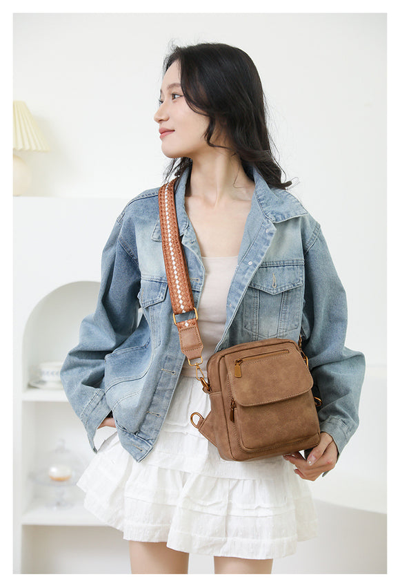 Coffee Stylish PU Leather Sling Crossbody Bag for Women - Multi-Pocket Chest Pack with Adjustable Wide Strap