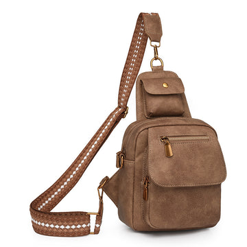 Brown Stylish PU Leather Sling Crossbody Bag for Women - Multi-Pocket Chest Pack with Adjustable Wide Strap