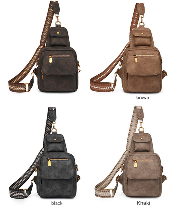 Brown Stylish PU Leather Sling Crossbody Bag for Women - Multi-Pocket Chest Pack with Adjustable Wide Strap