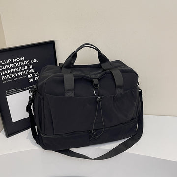 Black Large Capacity Travel Bag with Wet/Dry Separation - Canvas + Polyester, Lightweight Handbag for Short Trips and Fitness, Fits on Luggage