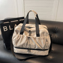 Beige and Black Large Capacity Travel Bag with Wet/Dry Separation - Canvas + Polyester, Lightweight Handbag for Short Trips and Fitness, Fits on Luggage-1
