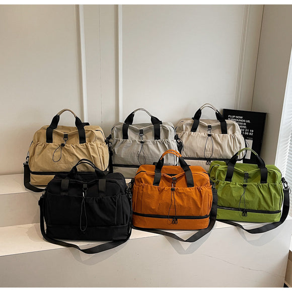 Beige and Black Large Capacity Travel Bag with Wet/Dry Separation - Canvas + Polyester, Lightweight Handbag for Short Trips and Fitness, Fits on Luggage