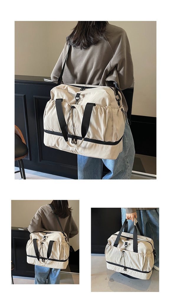 Beige and Black Large Capacity Travel Bag with Wet/Dry Separation - Canvas + Polyester, Lightweight Handbag for Short Trips and Fitness, Fits on Luggage