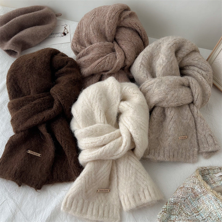 Brown Alpaca Wool Blend Solid Color Knitted Scarf for Women Winter New Style Student High Quality Couple Woolen Neck Warmer - 0