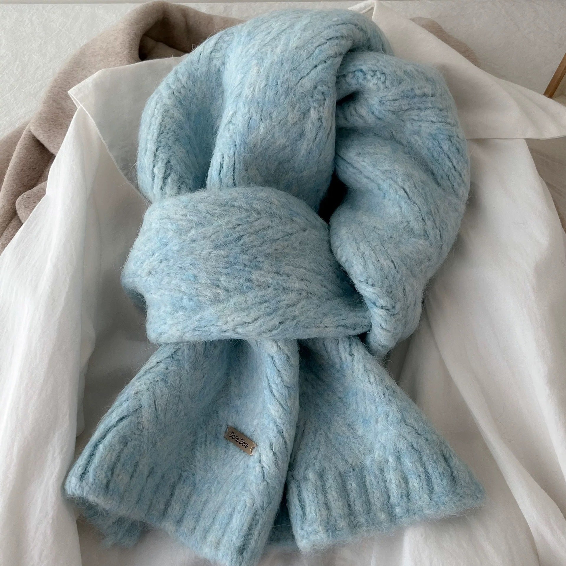 Blue Alpaca Wool Blend Solid Color Knitted Scarf for Women Winter New Style Student High Quality Couple Woolen Neck Warmer