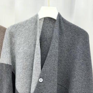 Grey Pure Wool Extra Large Shawl Scarf Color Block Multi-functional Warm Cashmere Cape Poncho - 0