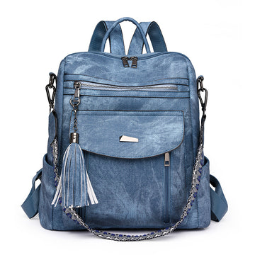 Blue Chic Women's PU Leather Convertible Backpack - Anti-Theft Design, Multi-Pocket Shoulder Bag with Tassel