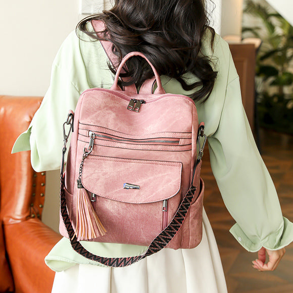 Pink Chic Women's PU Leather Convertible Backpack - Anti-Theft Design, Multi-Pocket Shoulder Bag with Tassel