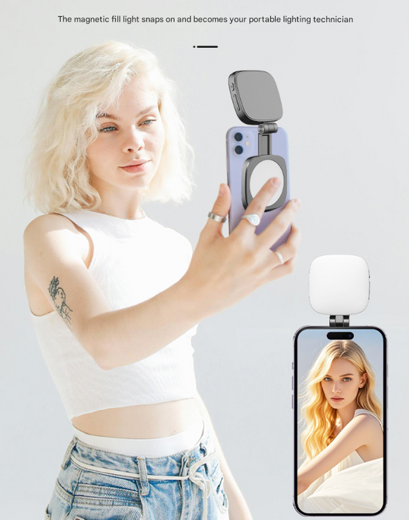 Black Magnetic Foldable Selfie Light with Mirror - Rechargeable LED Fill Light for iPhone & Android Vlogging(Mobile phone is a shooting prop and is not included)