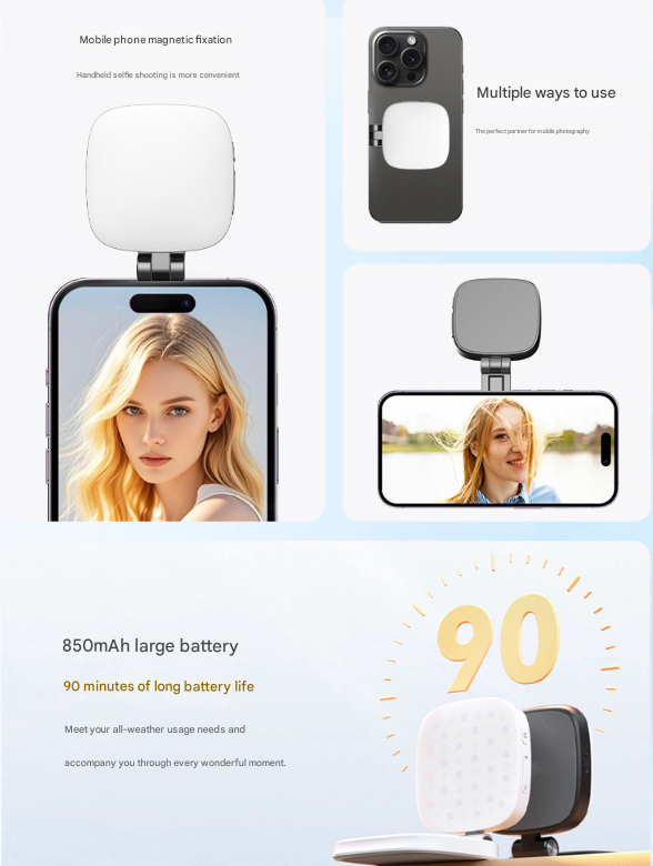 Black Magnetic Foldable Selfie Light with Mirror - Rechargeable LED Fill Light for iPhone & Android Vlogging(Mobile phone is a shooting prop and is not included)