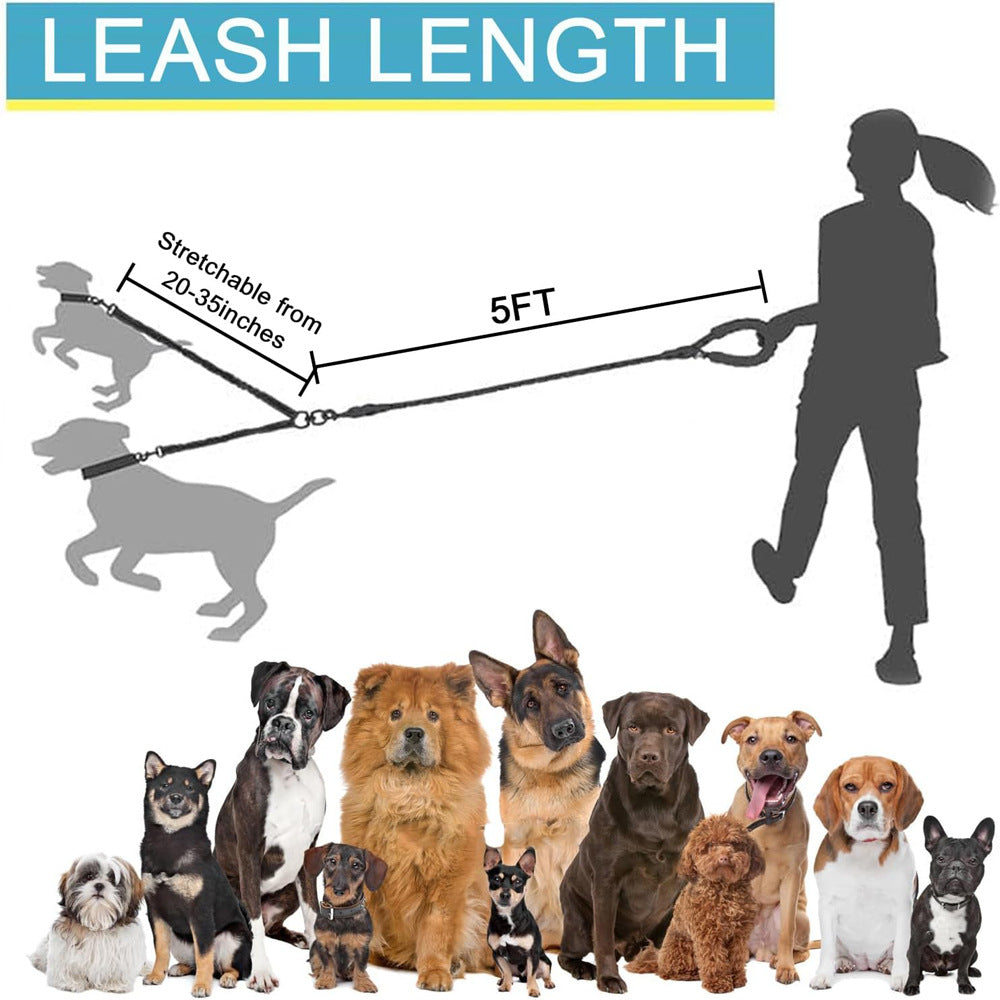 Blue 3-in-1 Tangle-Free Dog Leash for 1-3 Dogs - Heavy Duty Bungee Coupler with Reflective Stitching & Padded Handle - 0