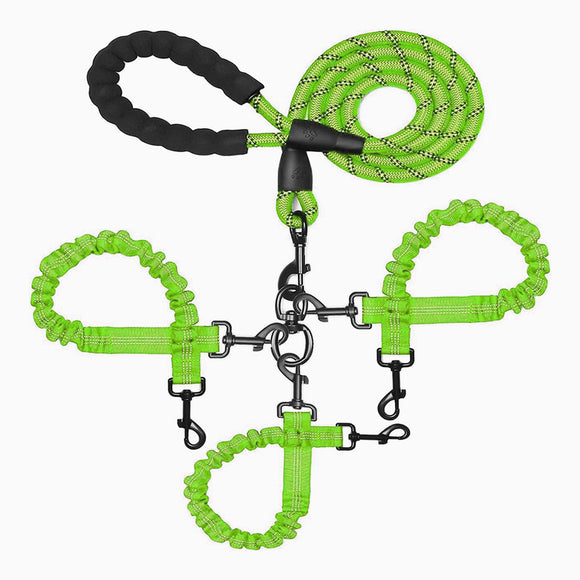 Green 3-in-1 Tangle-Free Dog Leash for 1-3 Dogs - Heavy Duty Bungee Coupler with Reflective Stitching & Padded Handle