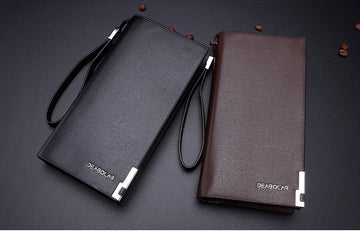 Black Men's Business Casual Long Wallet Clutch - PU Leather Large Capacity Phone & Card Holder with Wrist Strap - 0