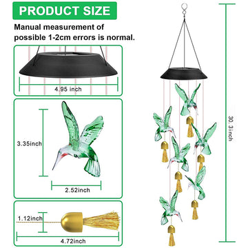 Green Solar Powered Hummingbird Wind Chime(With bell) - Color-Changing LED Hanging Garden Light Outdoor Decor - 0