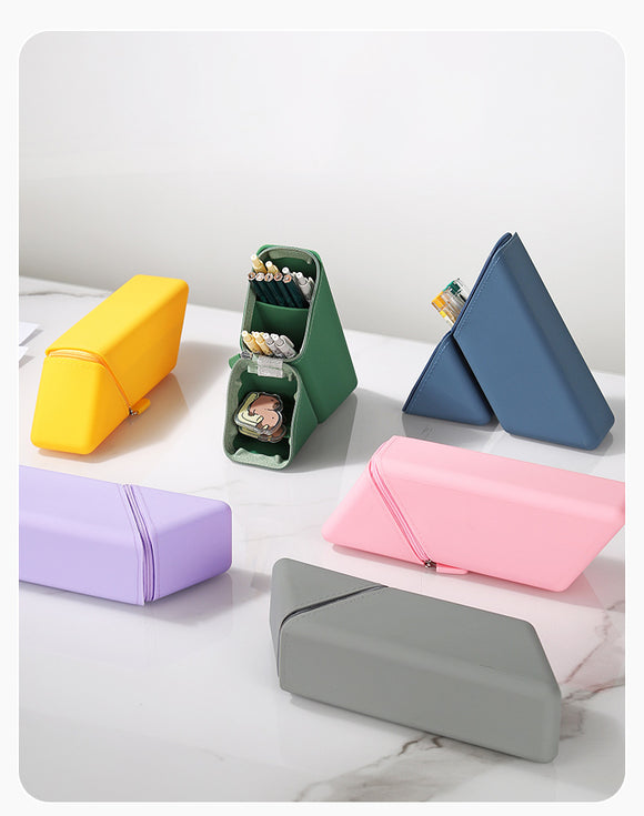Pink Transforming Silicone Pencil Case - Stand-Up Pen Holder & Stationery Organizer