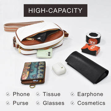 Double Zipper Black White Brown Chic Quilted Crossbody Bag - Vintage PU Leather Shoulder Purse with Adjustable Strap - 0