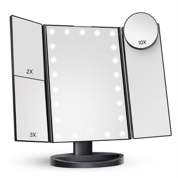 White LED Lighted Tri-Fold Vanity Mirror with 2X/3X/10X Magnification - 0
