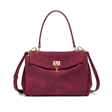 Wine Red Women's Vintage Suede Satchel Bag - Elegant Top Handle Purse with Gold Lock