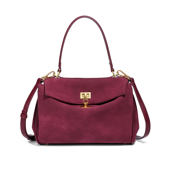 Wine Red Women's Vintage Suede Satchel Bag - Elegant Top Handle Purse with Gold Lock