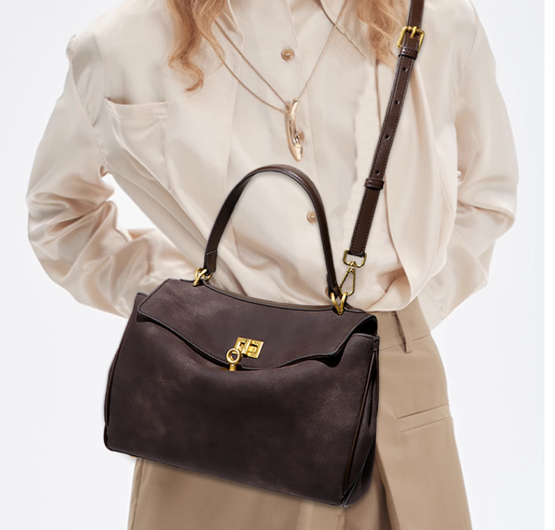 Wine Red Women's Vintage Suede Satchel Bag - Elegant Top Handle Purse with Gold Lock