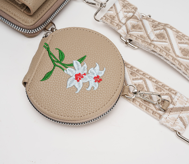 Beige Chic Floral Embroidered 2-in-1 Crossbody Phone Bag with Coin Purse