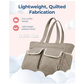 Beige Women's Multi-Pocket Tote Bag - Large Quilted Travel Handbag for Work, Gym, and More - 0