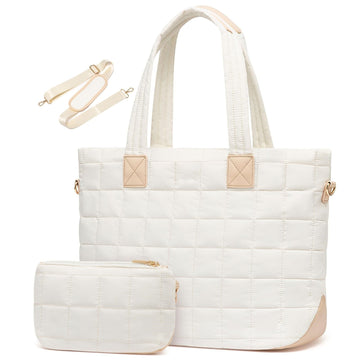 White New Large Capacity Tote Bag - Fashionable Quilted Women's Shoulder Bag and Laptop Bag