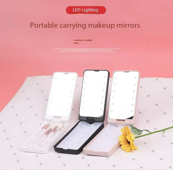 2-Piece Black Portable LED Makeup Mirror with Brush - Foldable, Rotatable, and Rechargeable Travel Vanity Mirror