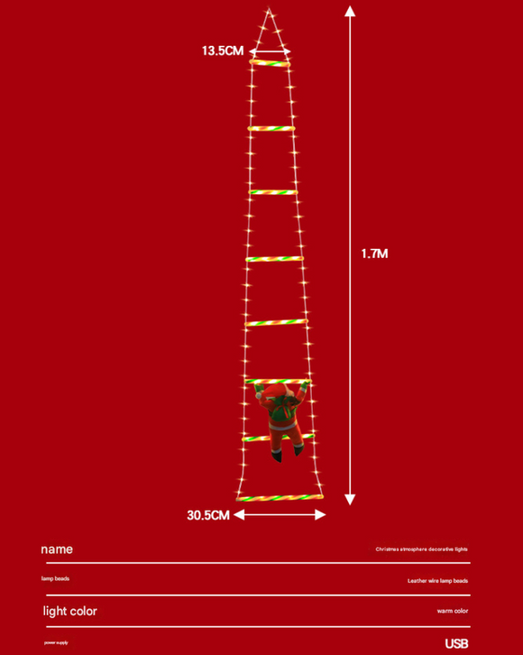 Festive Climbing Santa LED Ladder Light - USB Powered Outdoor Christmas Hanging Decoration with Remote(3m)