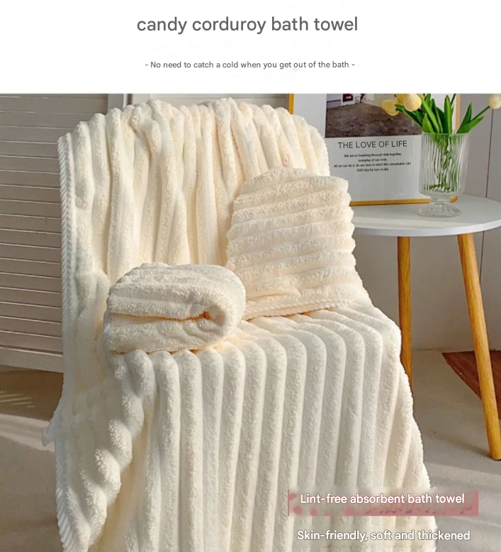 White Plush Ribbed Coral Fleece 3-Piece Towel Set - Ultra Soft & Absorbent Bath, Hand Towel and Hair Wrap - 0
