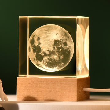 The Moon Luminous 3D Crystal Cube Night Light - Laser Engraved Artwork with Solid Wood Base