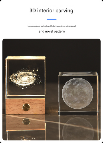 The Moon Luminous 3D Crystal Cube Night Light - Laser Engraved Artwork with Solid Wood Base - 0