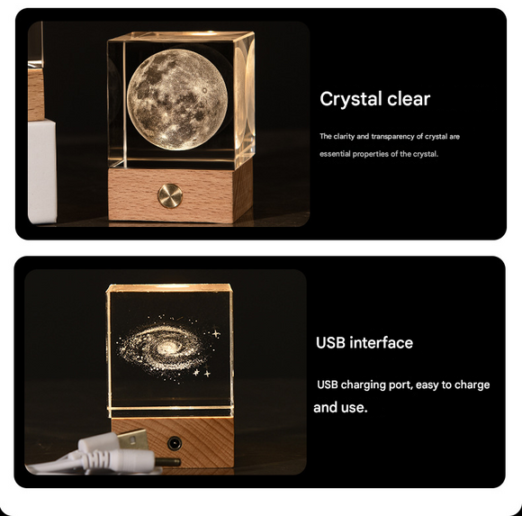 The Moon Luminous 3D Crystal Cube Night Light - Laser Engraved Artwork with Solid Wood Base