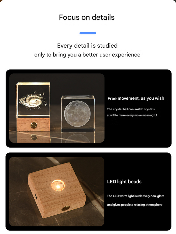 Saturn Luminous 3D Crystal Cube Night Light - Laser Engraved Artwork with Solid Wood Base