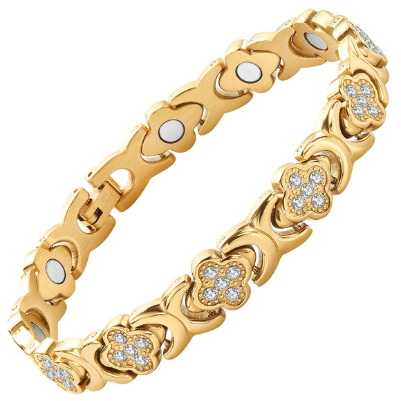 Gold New Fashion Lightweight Luxury Four-Leaf Clover Diamond Inlaid Bracelet - Alloy Magnetic Watch Band Style Bracelet for Women + Free Disassembly Tool
