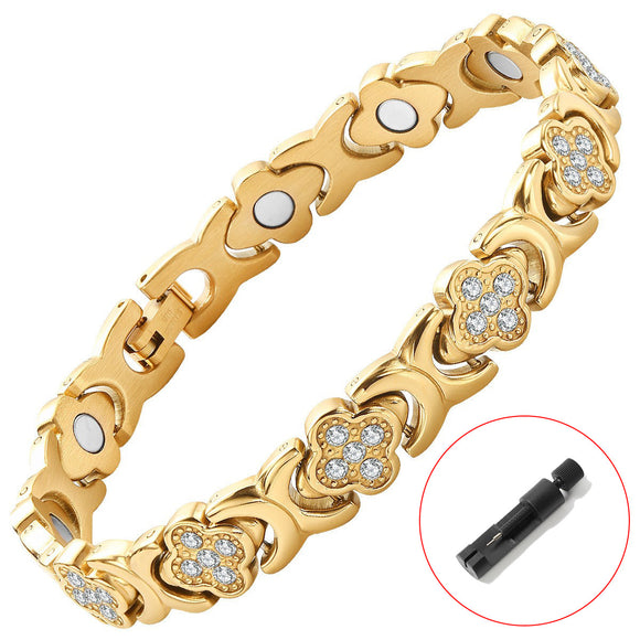 Silver New Fashion Lightweight Luxury Four-Leaf Clover Diamond Inlaid Bracelet - Alloy Magnetic Watch Band Style Bracelet for Women + Free Disassembly Tool
