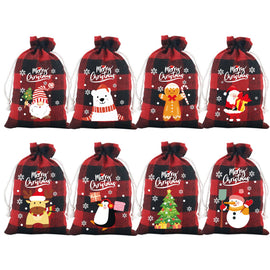 Red checkered Christmas Gift Drawstring Bags Set - Festive Burlap Style Pouches for Candy & Apples - Holiday Decoration - 10 Pcs