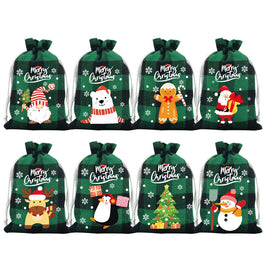 Green grid Christmas Gift Drawstring Bags Set - Festive Burlap Style Pouches for Candy & Apples - Holiday Decoration - 10 Pcs