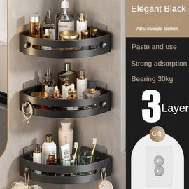 Three layers of elegant black Premium No-Drill Corner Shower Caddy - Thickened ABS Bathroom Storage Shelf with Hooks, Quick Wall Mount Organiser