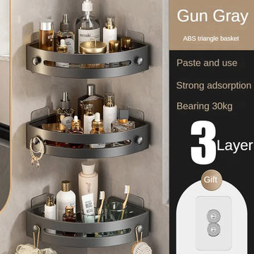 Three layers of gun gray Premium No-Drill Corner Shower Caddy - Thickened ABS Bathroom Storage Shelf with Hooks, Quick Wall Mount Organiser