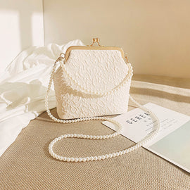 White Elegant Vintage Kiss-Lock Purse with Pearl Straps - Textured Frame Clutch Bag