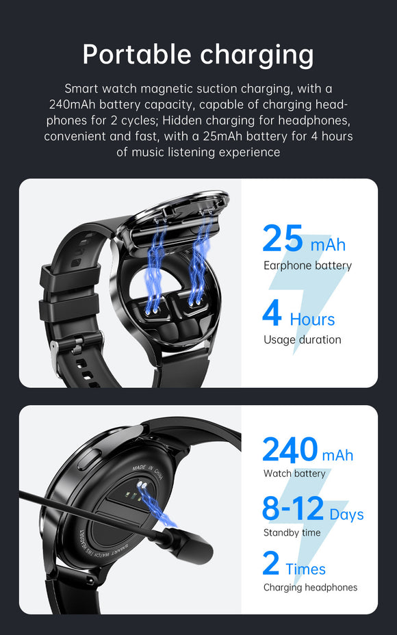 2-in-1 Smartwatch with Built-in TWS Earphones - IP67 Waterproof, Health Monitoring & CNC Metal Design(Silver rubber)