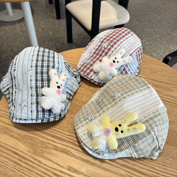 Patchwork Plaid Cotton Cap with Decorative Details(yellow)