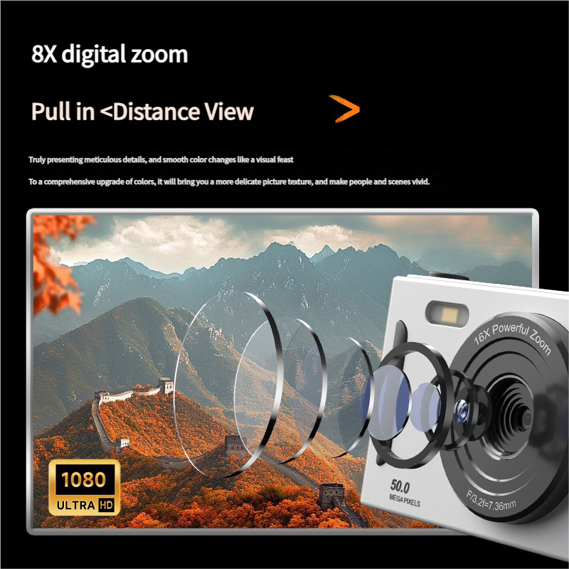 50MP HD Digital Camera with 8X Zoom & Dual Lens System(silvery) - 0