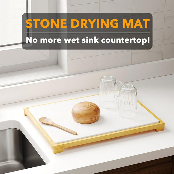 Instant Dry Stone Dish Drying Mat with Bamboo Rack - 2 Ways to Use, Quick Absorbent & Stylish(marble)