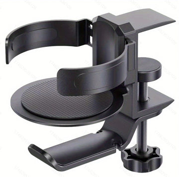 Two desktop clip-on cup holders and headphone hanger - adjustable, non-slip silicone, maximum load 15KG(black)
