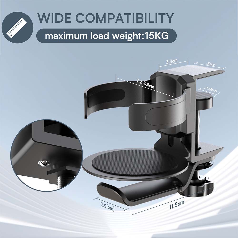 Two desktop clip-on cup holders and headphone hanger - adjustable, non-slip silicone, maximum load 15KG(silver) - 0