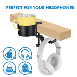 Heavy-Duty All-Metal Desk Clamp with 360-Degree Swivel Headphone Hanger & Cup Holder(black)
